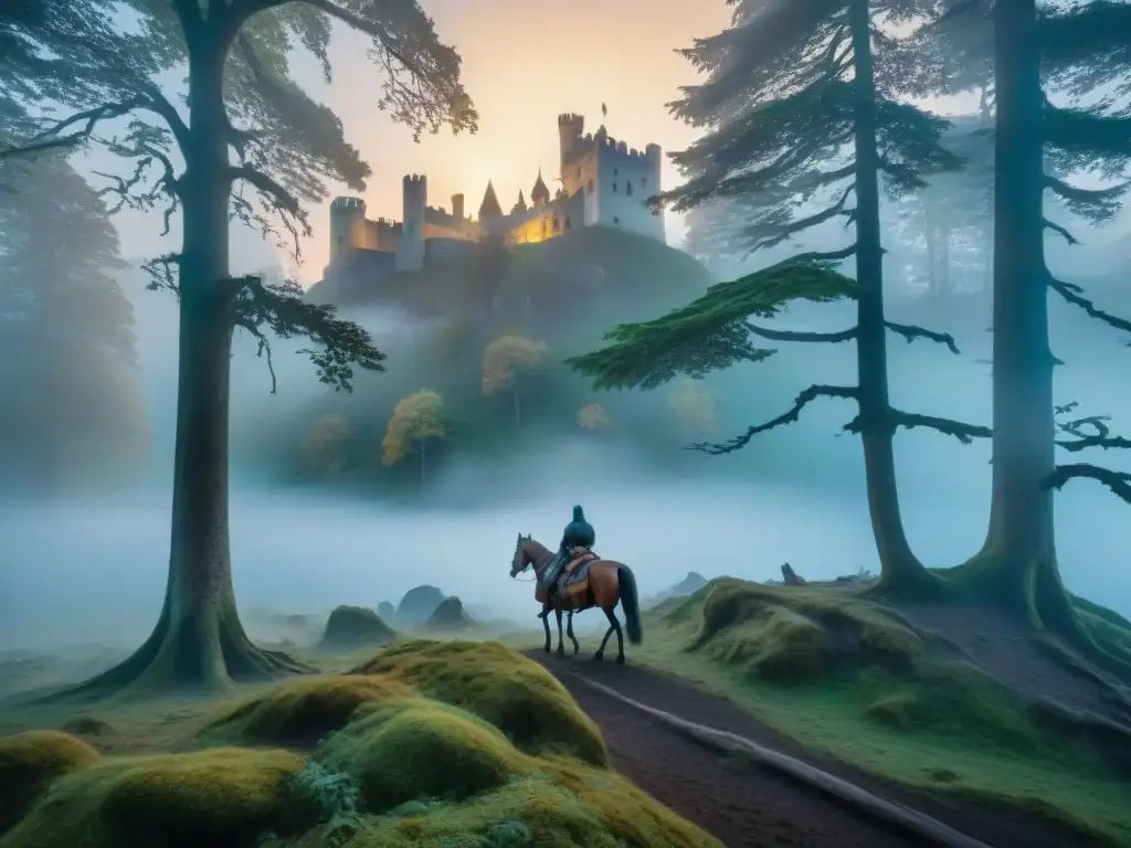 Un bosque místico al atardecer con árboles antiguos cubiertos de niebla, y un castillo en un acantilado iluminado por figuras encapuchadas a caballo