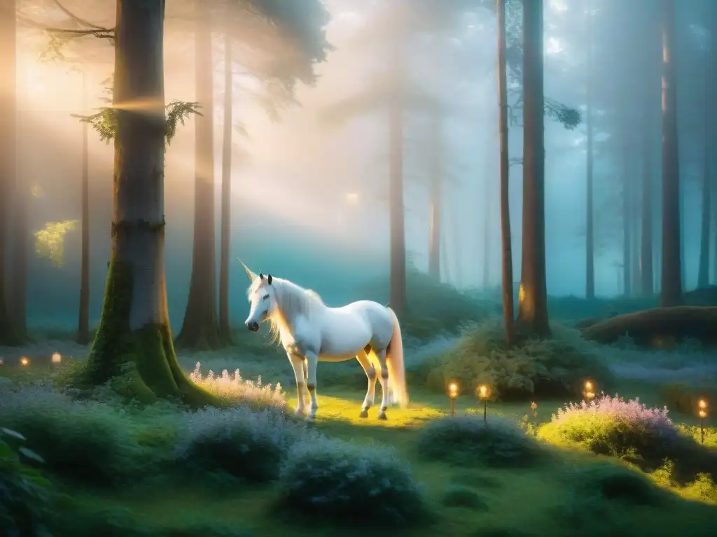 Un bosque místico iluminado por luces de hadas, donde un unicornio cautiva a niños con cuentos de moral