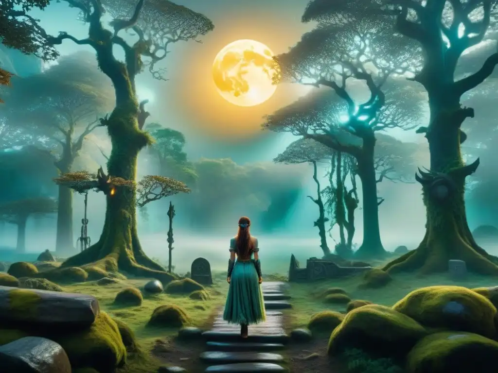 Imagen mística: bosque mágico bajo la luna llena Un bosque místico iluminado por la luna llena con símbolos rúnicos y energía mágica