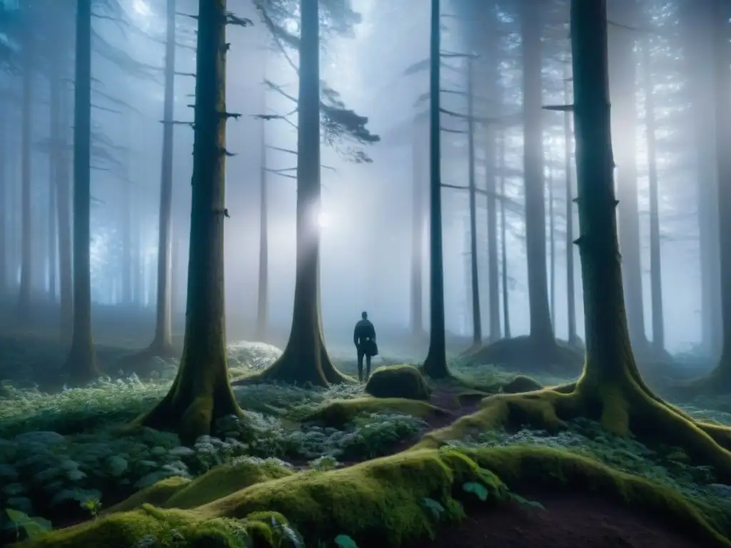 Bosque místico bajo la luna, sombras de criaturas míticas emergen en la niebla