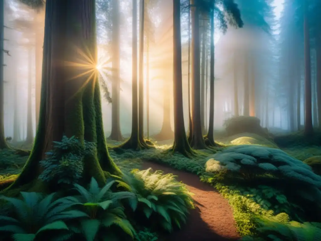 Un bosque místico y sereno, iluminado por los últimos rayos del atardecer, evoca espiritualidad en El Nombre del Viento