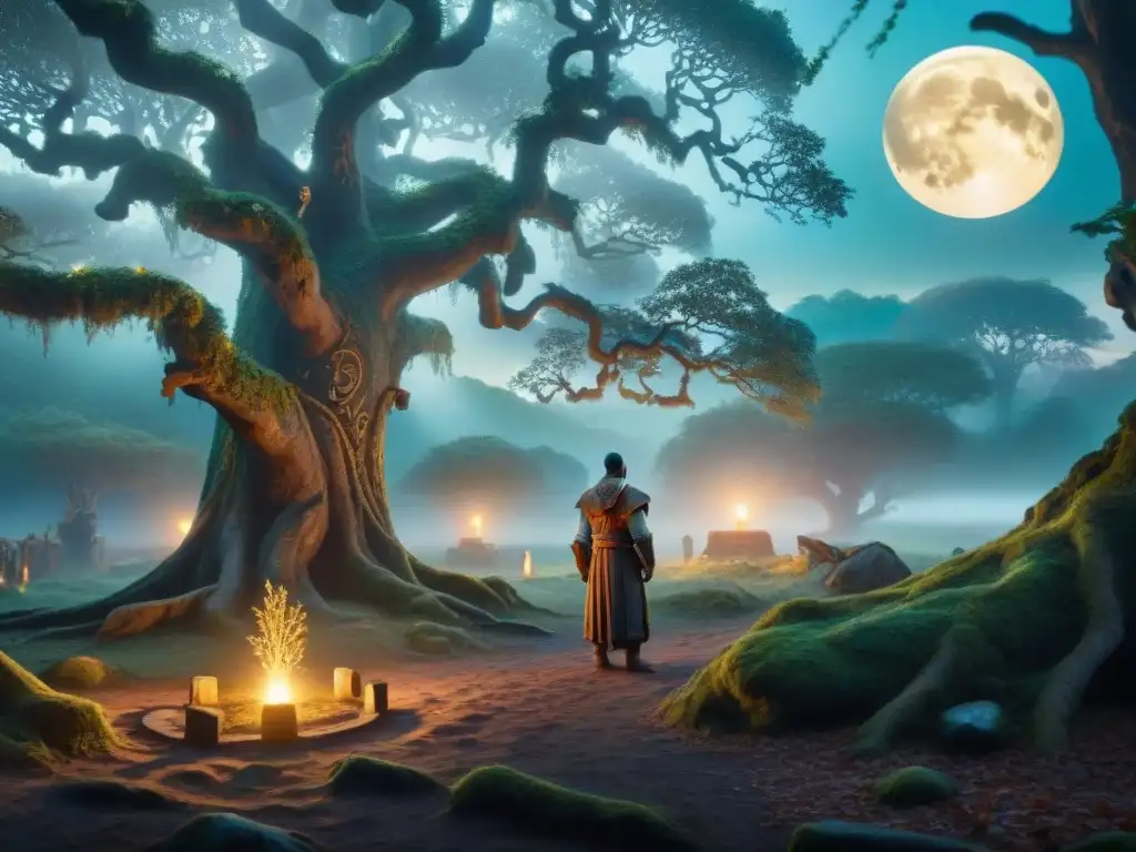 Escena mágica en el bosque: runas antiguas bajo la luna llena Un bosque místico al anochecer con símbolos rúnicos brillantes, evocando un aura de magia y misterio