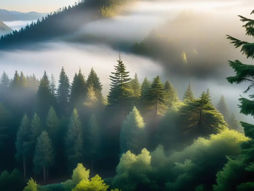 Bosque neblinoso de Twin Peaks al amanecer, con el Gran Hotel del Norte entre la niebla