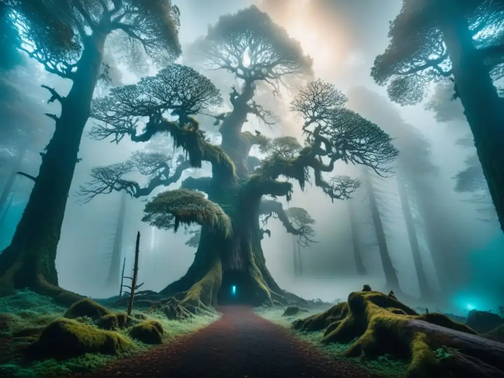 Un bosque oscuro y misterioso con árboles retorcidos se alzan hacia el cielo, revelando los misterios del Upside Down