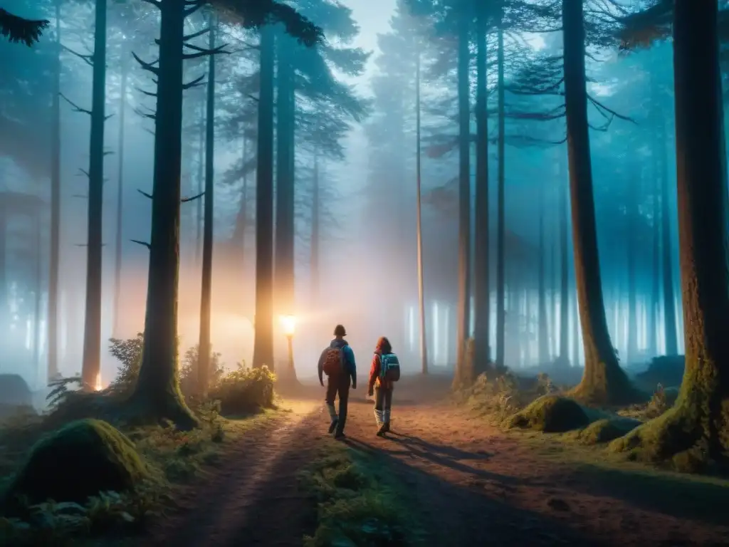 Un bosque oscuro y misterioso iluminado por linternas, niños en los 80s y una criatura acechando