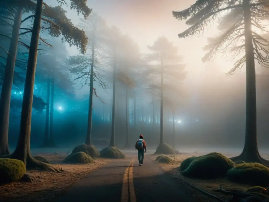 Un bosque oscuro y misterioso con niebla, sombras y un universo alternativo al fondo