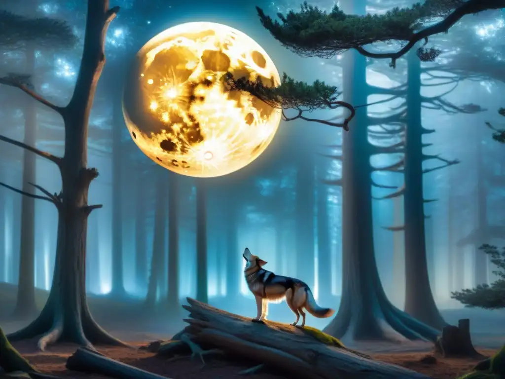 Un bosque sereno bajo la luna llena, donde un misterioso origen cambiaformas se transforma parcialmente entre humano y lobo