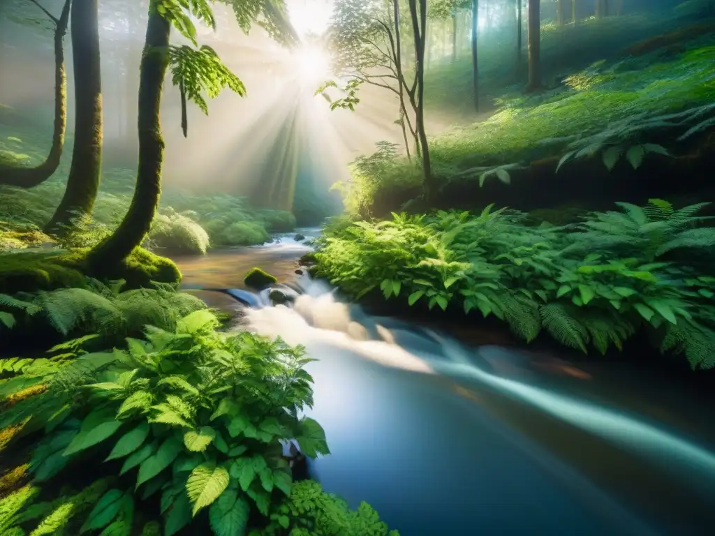 Un bosque sereno con luz filtrándose a través del dosel verde, creando sombras moteadas en el suelo