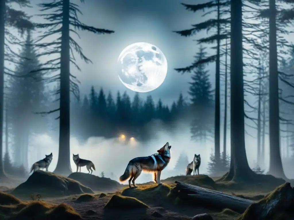 Un bosque sombrío bajo la luna llena, con lobos aullando y una figura misteriosa