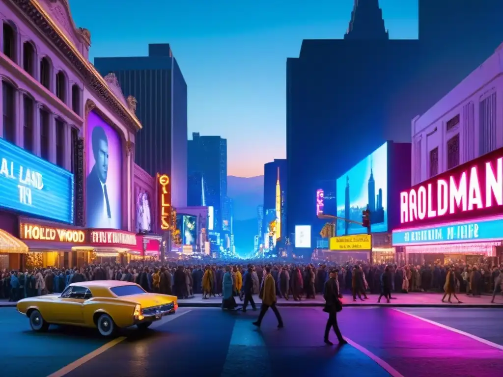 Un Hollywood Boulevard nocturno, lleno de luces de neón y multitudes, donde chocan culturas de 'Birdman' y 'La La Land'