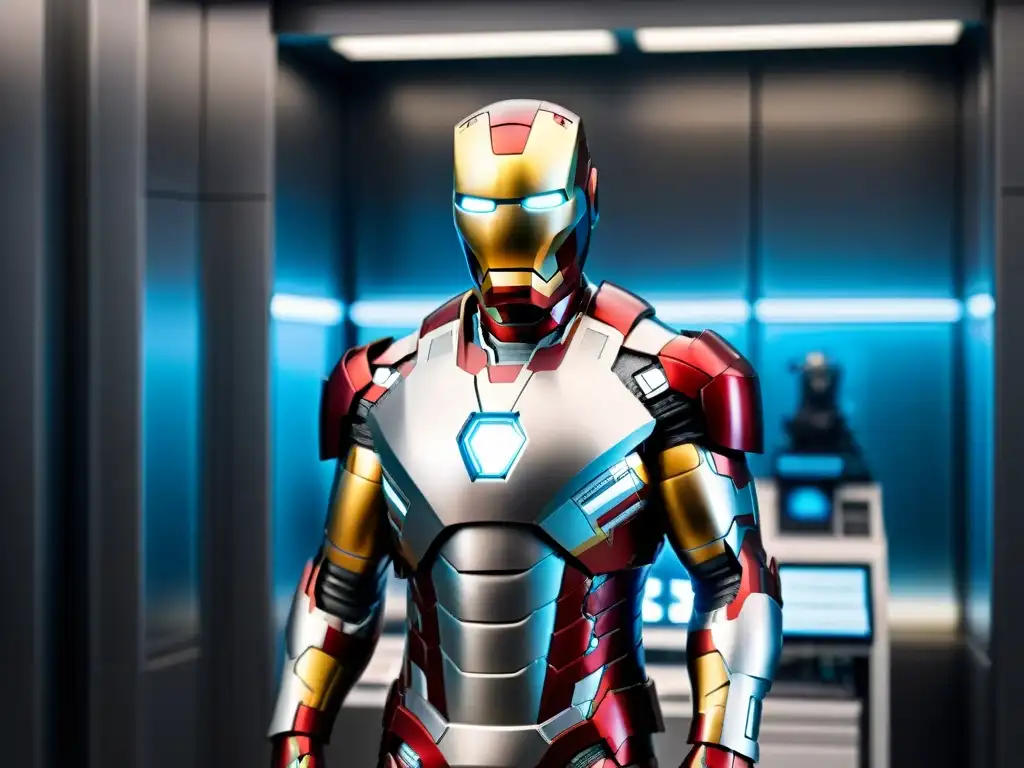 Brillante nanotecnología en el universo Marvel: nanobots ensamblan traje de Iron Man alrededor de Tony Stark en laboratorio futurista