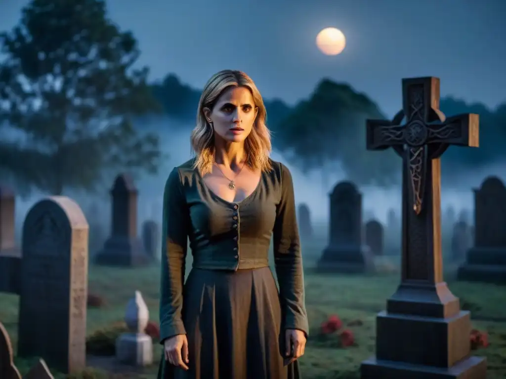 Buffy en un cementerio oscuro, decidida, con estaca de madera