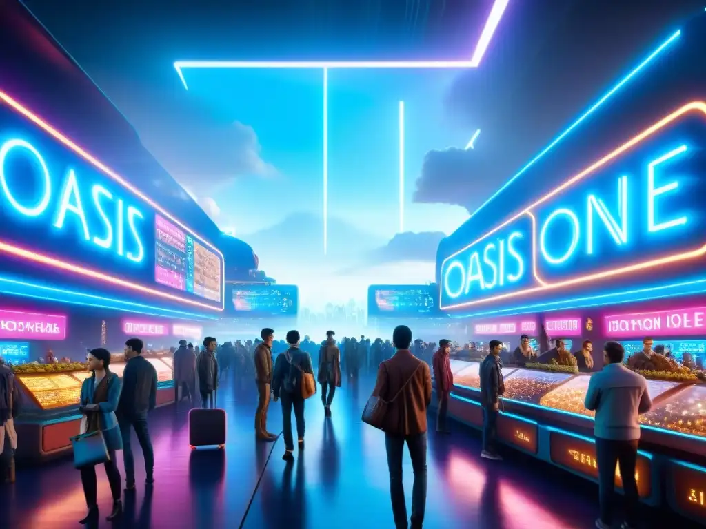 Una bulliciosa plaza del mundo virtual de OASIS en 'Ready Player One', mostrando una economía vibrante