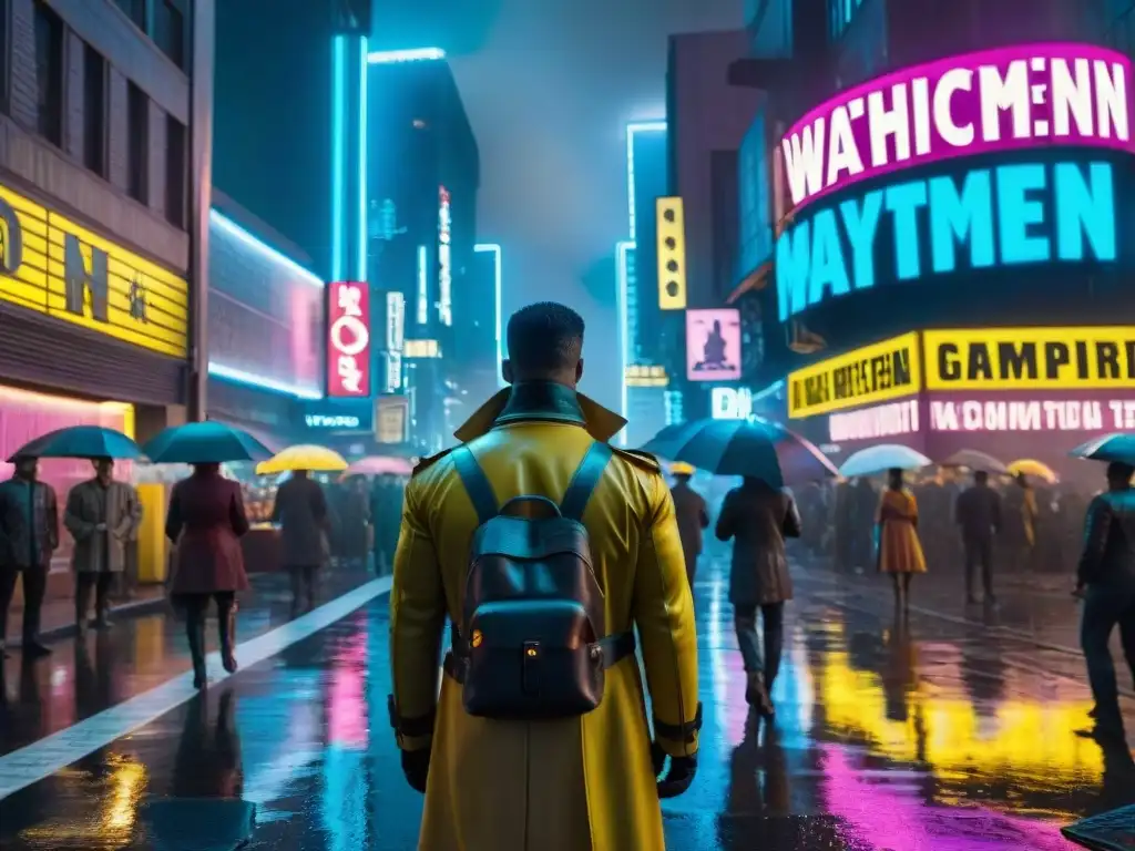 Un bullicioso escenario de calle nocturna en la distopía Watchmen, con luces de neón, vehículos futuristas y gente diversa realizando comercio