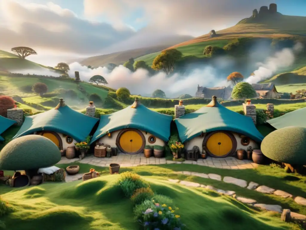 Un bullicioso mercado en la Comarca, hobbits regateando bajo toldos coloridos entre vegetación exuberante y agujeros hobbit