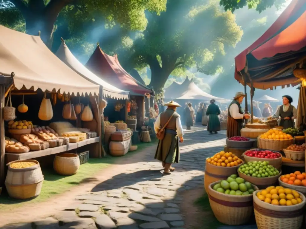 Un bullicioso mercado en el corazón de la Comarca, repleto de hobbits de todas las edades y tamaños comerciando bajo toldos coloridos, mientras un majestuoso roble se alza en el centro, proyectando luz del sol moteada sobre la escena