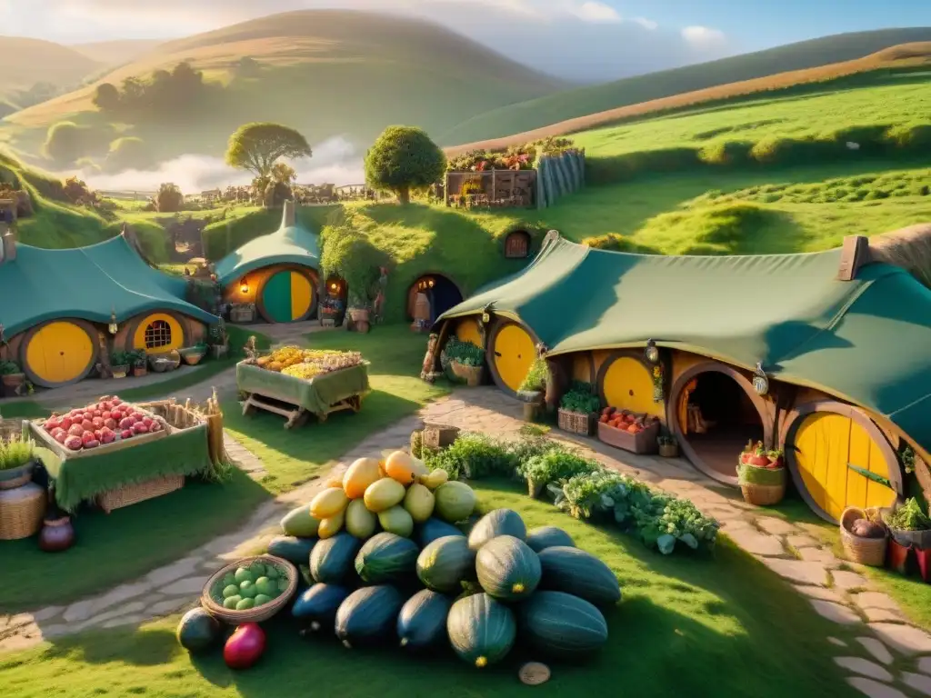 Un bullicioso mercado en la economía del mundo Hobbit, lleno de vida y color bajo el cálido atardecer