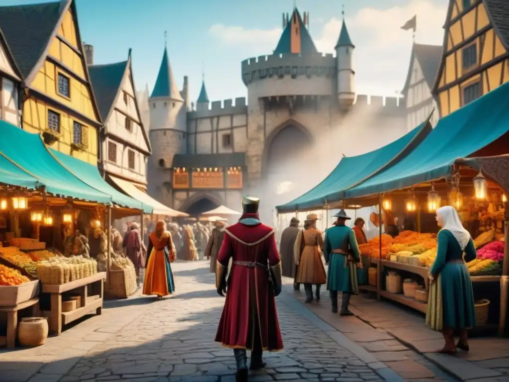 En un bullicioso mercado medieval en un mundo ficticio, criaturas y personajes comercian bajo coloridos toldos