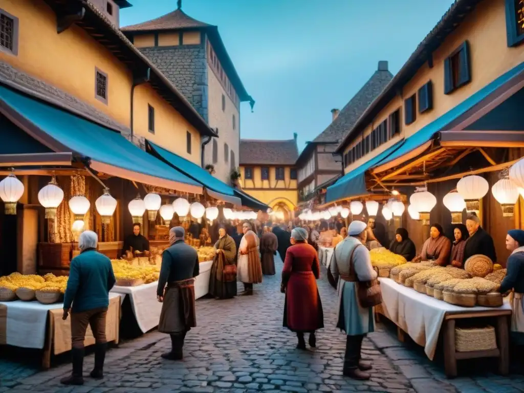 Un bullicioso mercado medieval en un reino de fantasía, iluminado por faroles