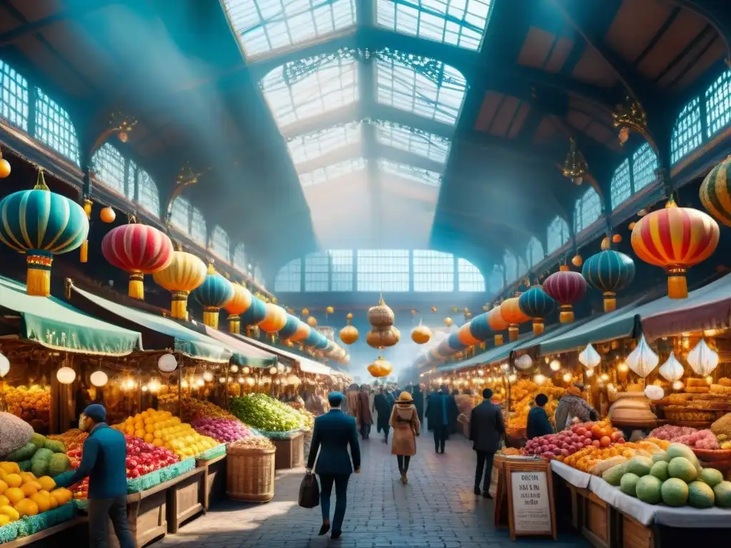 Un bullicioso mercado en un mundo de fantasía, lleno de diversidad en criaturas y colores