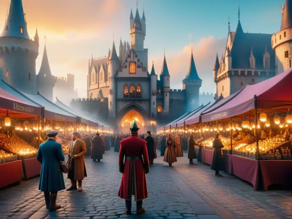 En la búsqueda eterna, un mercado grandioso en un reino místico iluminado por la magia del atardecer