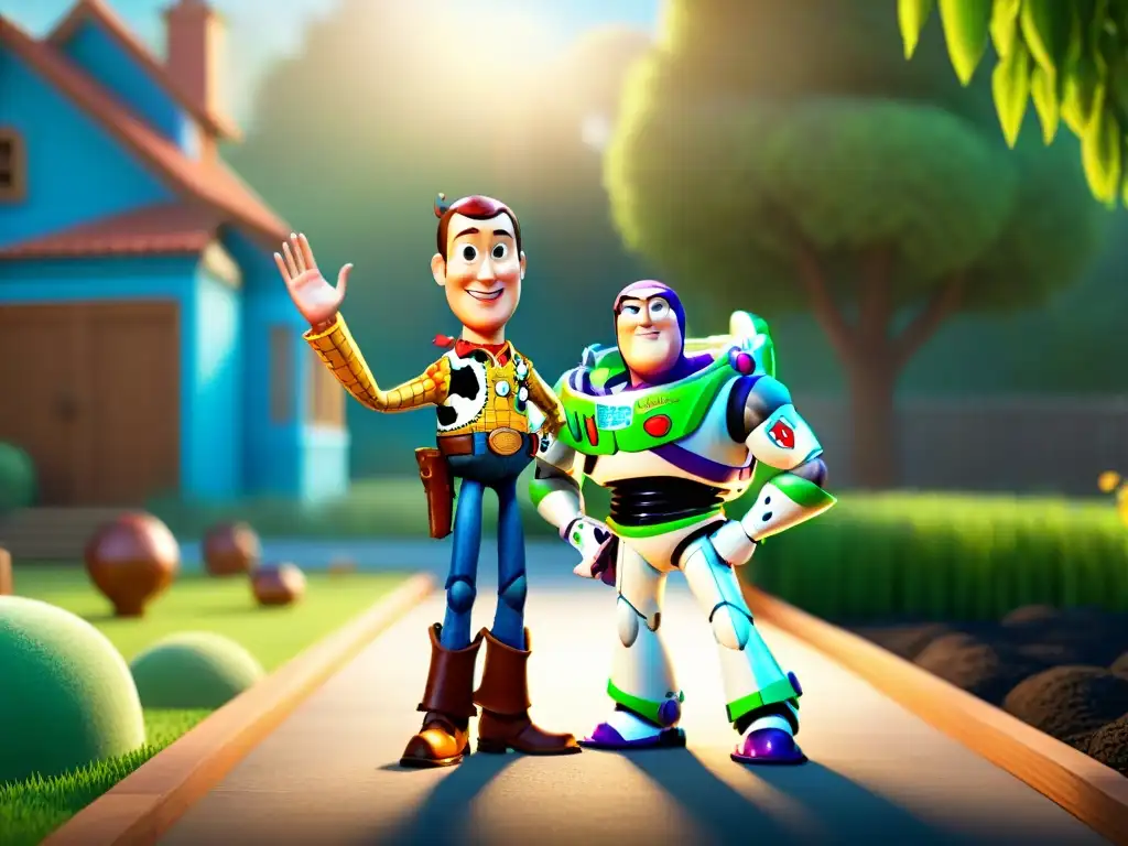 Woody y Buzz de 'Toy Story' en un abrazo de amistad, con fondo de atardecer dorado