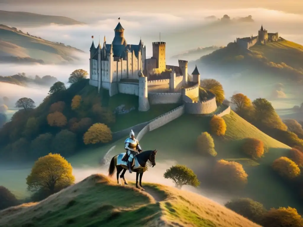 Un caballero solitario del Código de los Caballeros Artúricos en un paisaje medieval neblinoso al amanecer con un castillo majestuoso al fondo