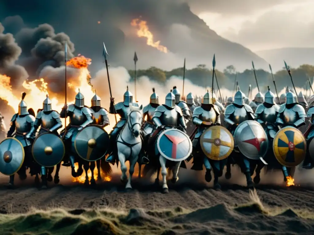 Batalla medieval épica: caballeros en combate bajo cielos tormentosos Caballeros en armadura cargan a caballo mientras arqueros llueven flechas en épica batalla medieval bajo un cielo tormentoso