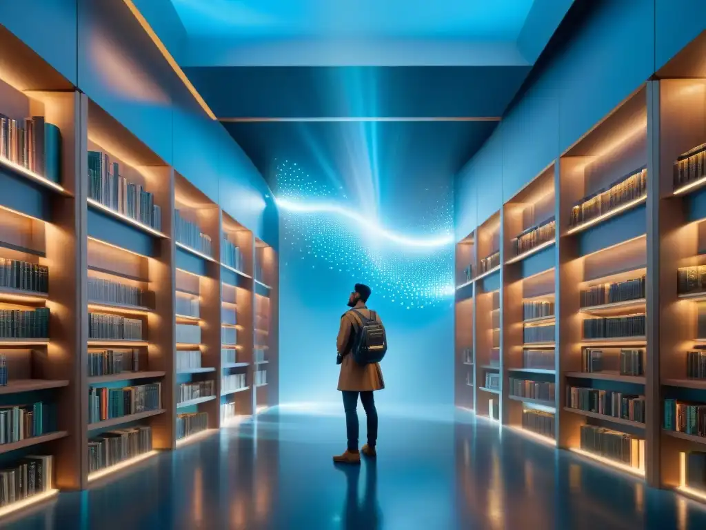 Un caleidoscopio de libros holográficos en una biblioteca futurista, mostrando escenas de realidad aumentada en narrativa ficción