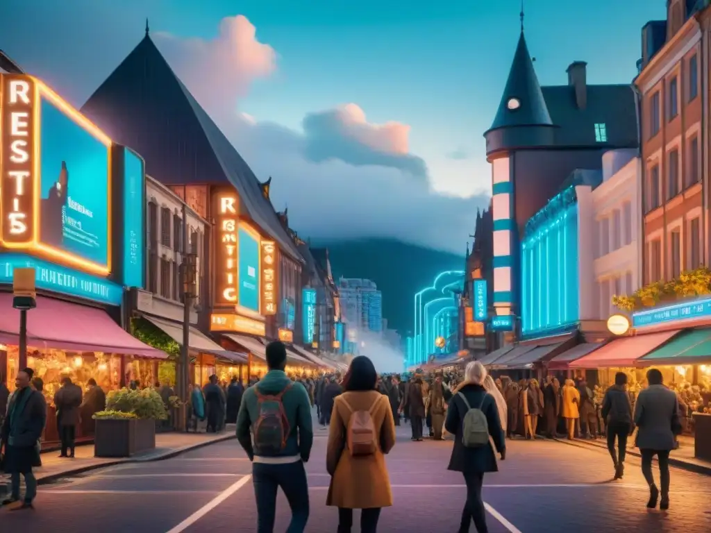 Una calle de la ciudad bulliciosa de noche, fusionando cuentos de hadas modernos con la vida urbana