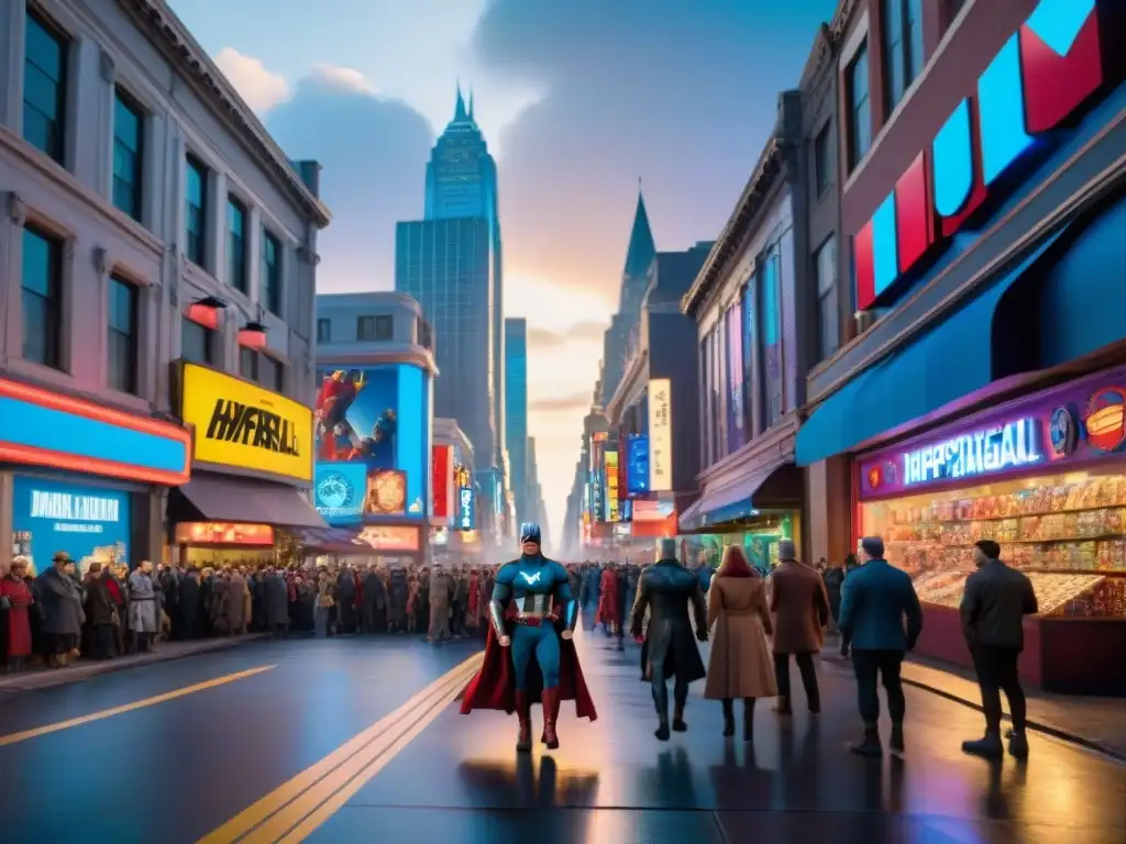 Una calle llena de tiendas vibrantes, cada una decorada con superhéroes de Marvel y DC