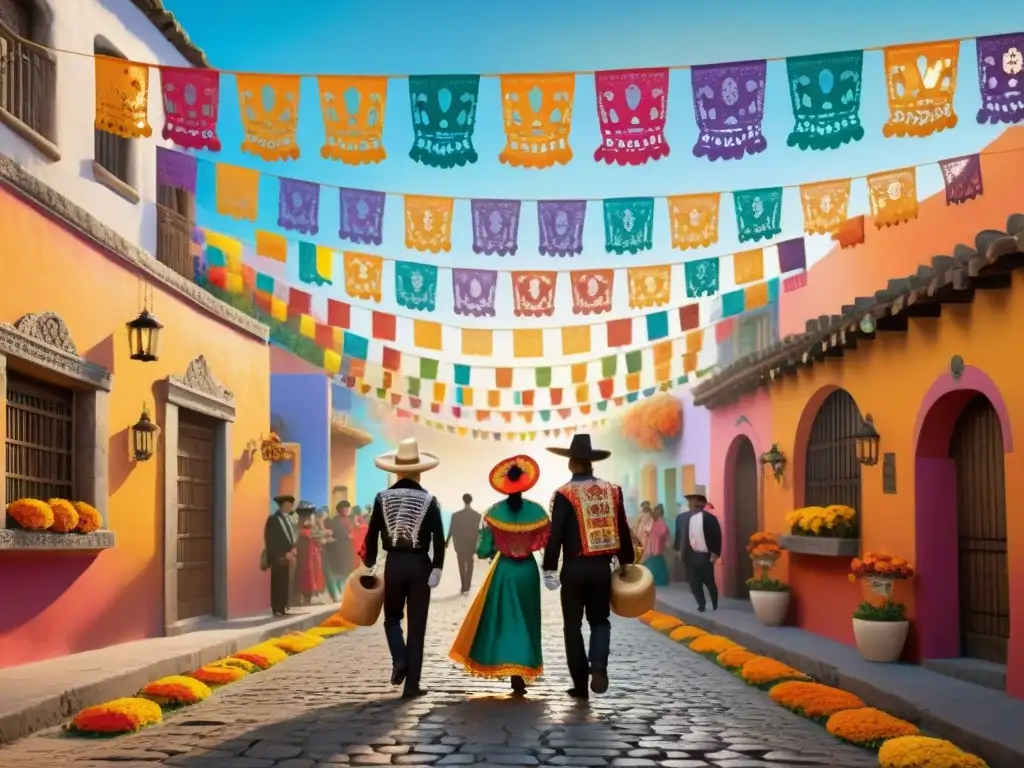 Una calle mexicana bulliciosa en el Día de los Muertos, con calacas, maravillosas flores y papel picado