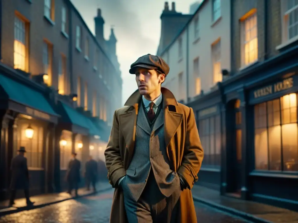 Sherlock Holmes en un callejón de Londres, enigmático bajo la luz de una farola