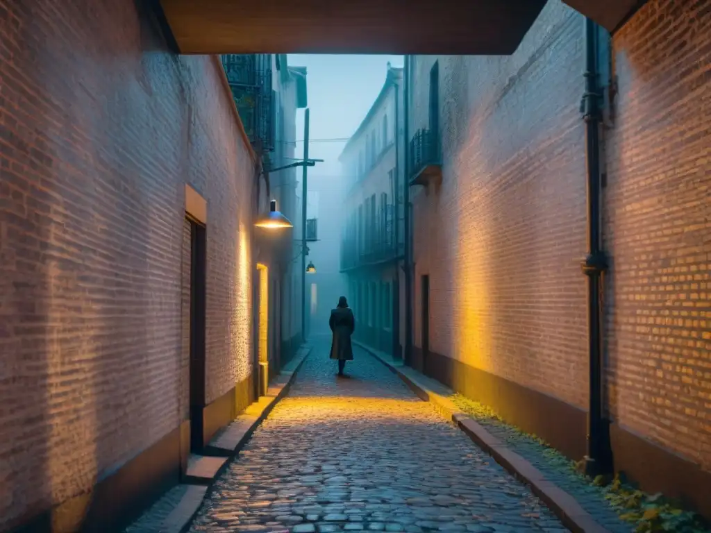 Un callejón misterioso y tenso de noche, con sombras y una silueta desvaneciéndose