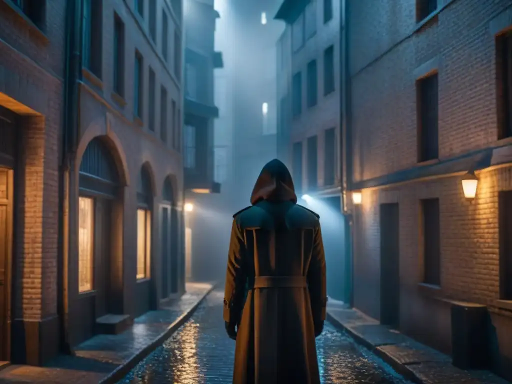 Un callejón sombrío dividido por la luz, con un villano en la oscuridad y un héroe en la luz