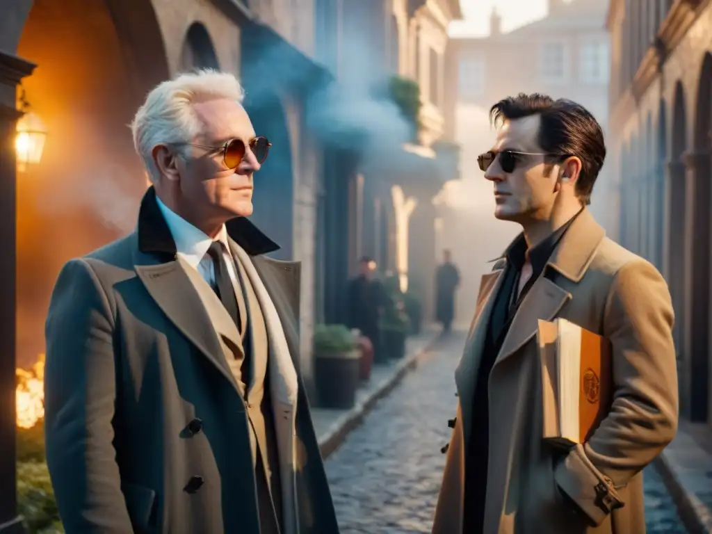 En una callejuela misteriosa, los personajes icónicos de 'Good Omens', Aziraphale y Crowley, lucen su estilo celestial e infernal