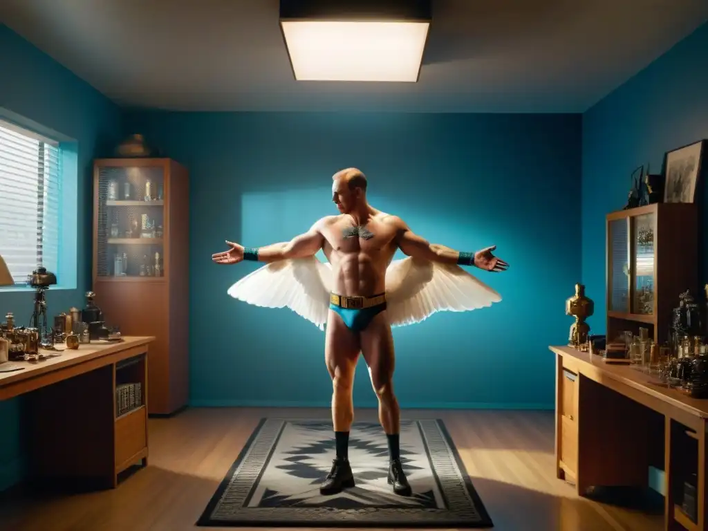 En su camerino, Riggan Thomson levita en traje de superhéroe con objetos en caos y sombras dramáticas, capturando la esencia de 'Birdman'