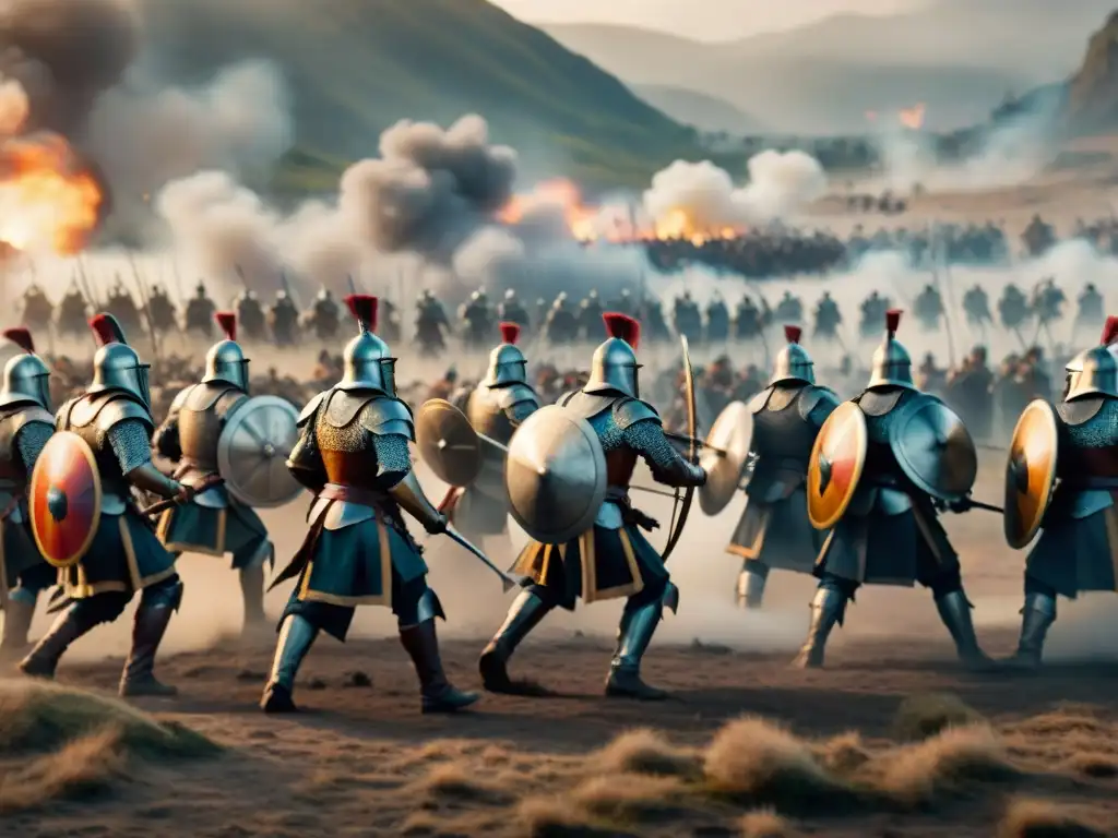 Épica batalla: guerreros en combate estratégico Campo de batalla épico con combates estratégicos y caóticos
