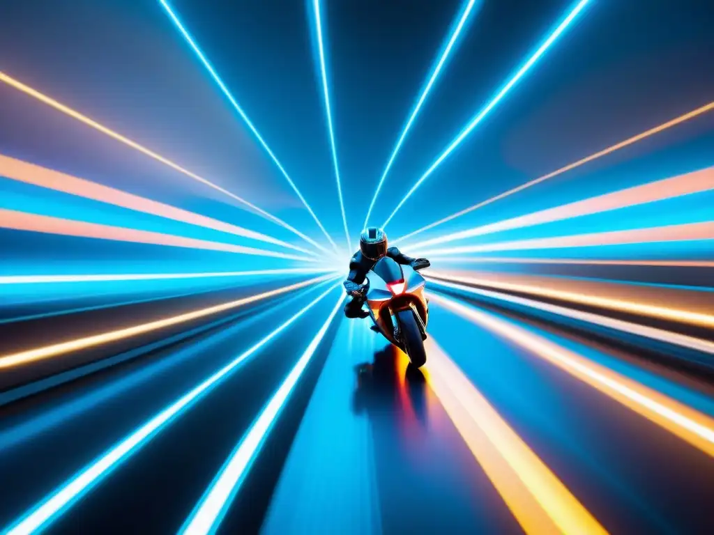 Carreras futuristas de motos de luz en un paisaje digital lleno de neón