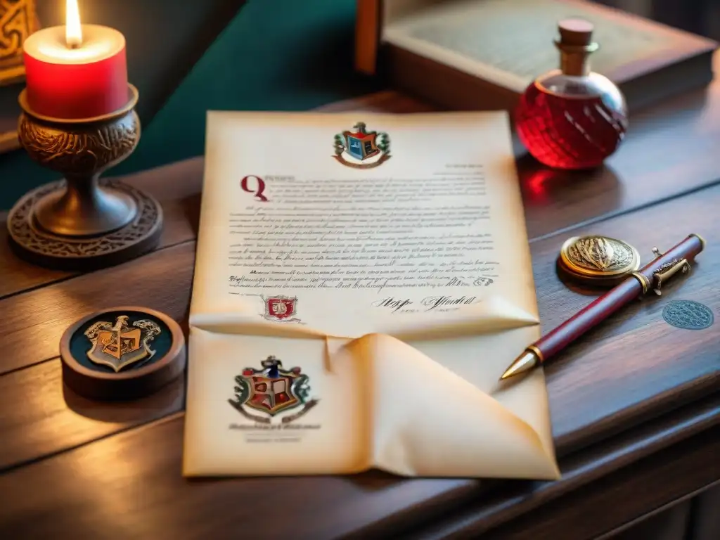 Una carta de aceptación de Hogwarts personalizada en un escritorio de madera vintage en una habitación mágica