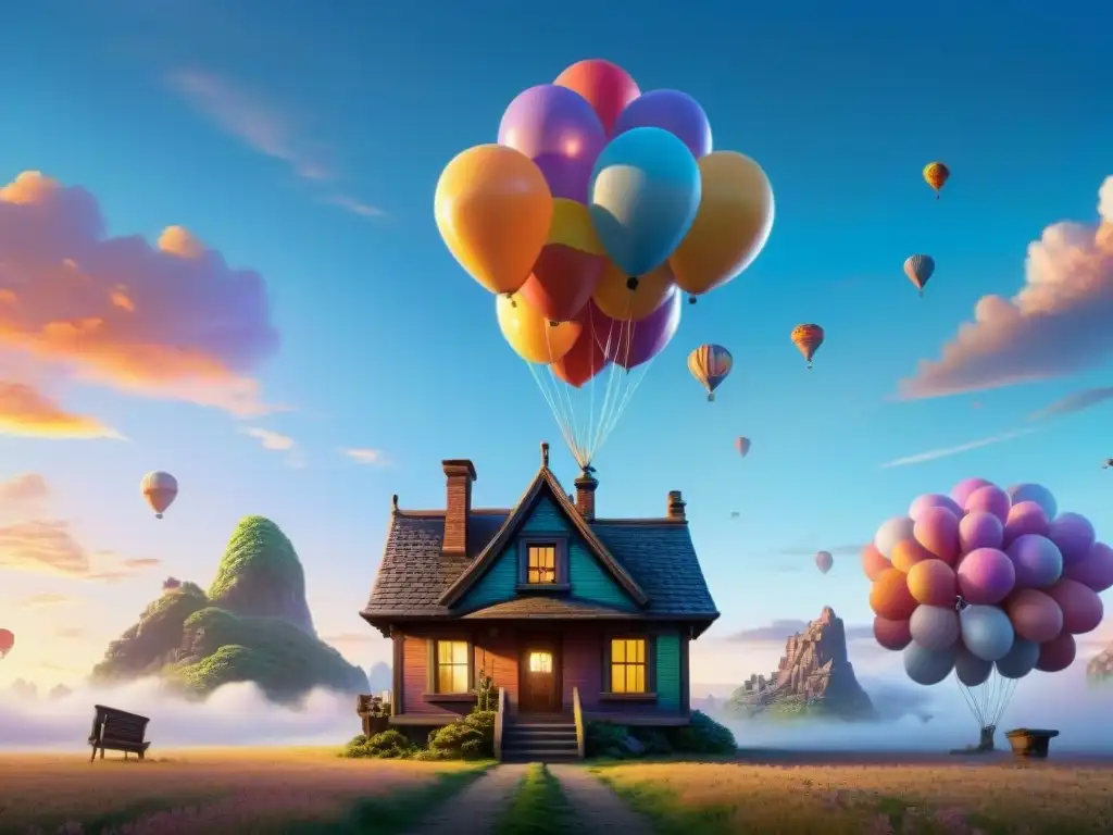 Una casa flotante con globos coloridos al atardecer, evocando la exploración de mundos ficticios envejecimiento en 'Up