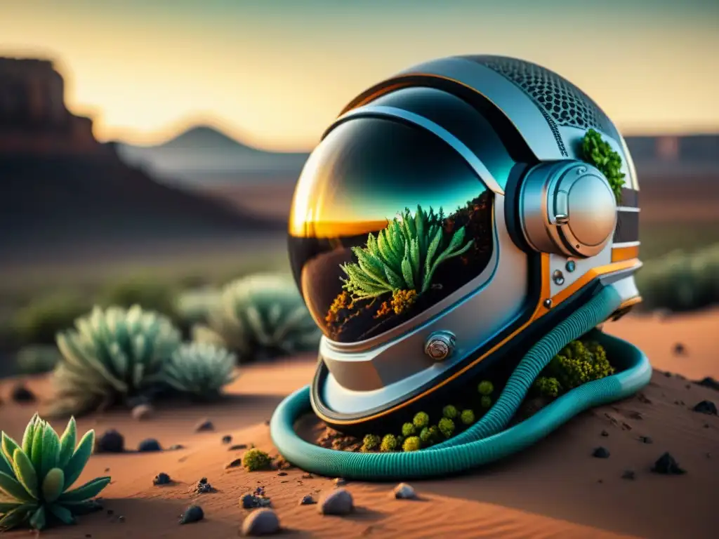 Un casco de astronauta cubierto de vida vegetal alienígena, reflejando un sol distante en un planeta desolado