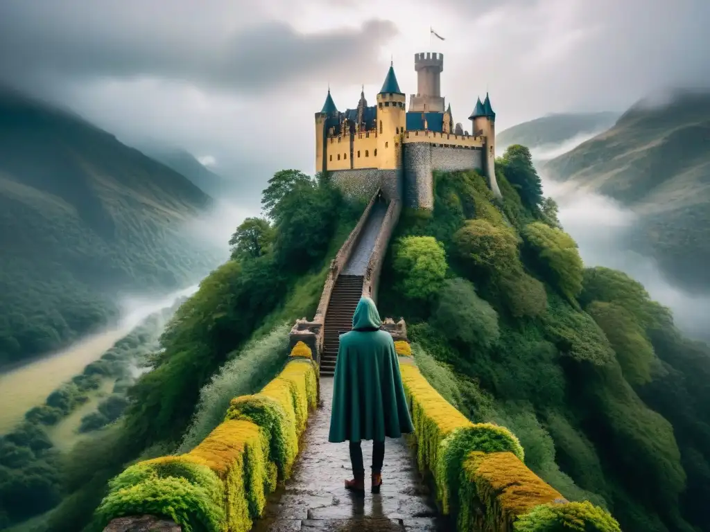 Castillo ancestral en la cima neblinosa de una montaña, rodeado de bosques y ríos