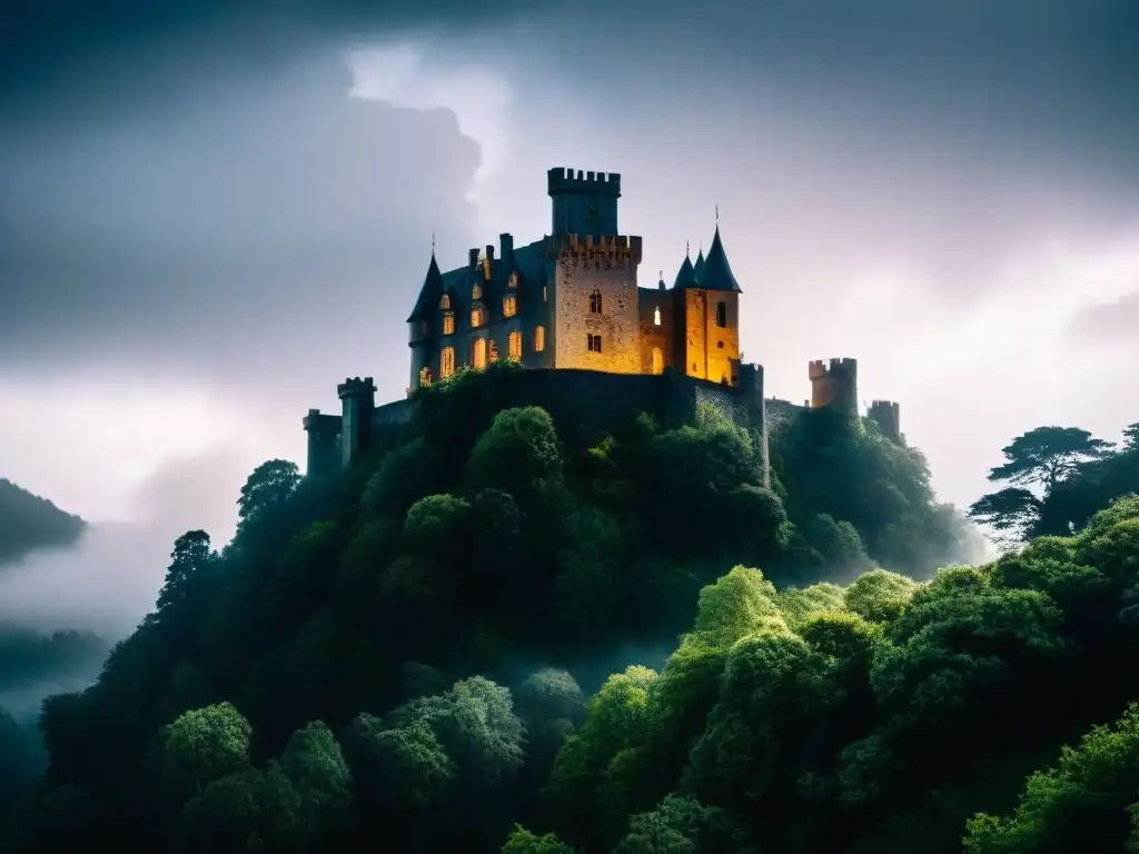 Un castillo antiguo se alza en la niebla, rodeado de un bosque tenebroso