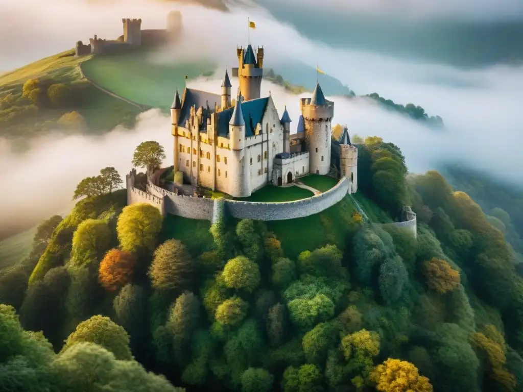 Castillo de Camelot envuelto en niebla mística, bañado por el sol, evocando magia y leyenda en Camelot