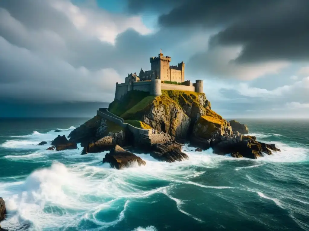 Castillo de Dragonstone en acantilado rocoso con mar tormentoso y nubes oscuras, evocando poder y misterio