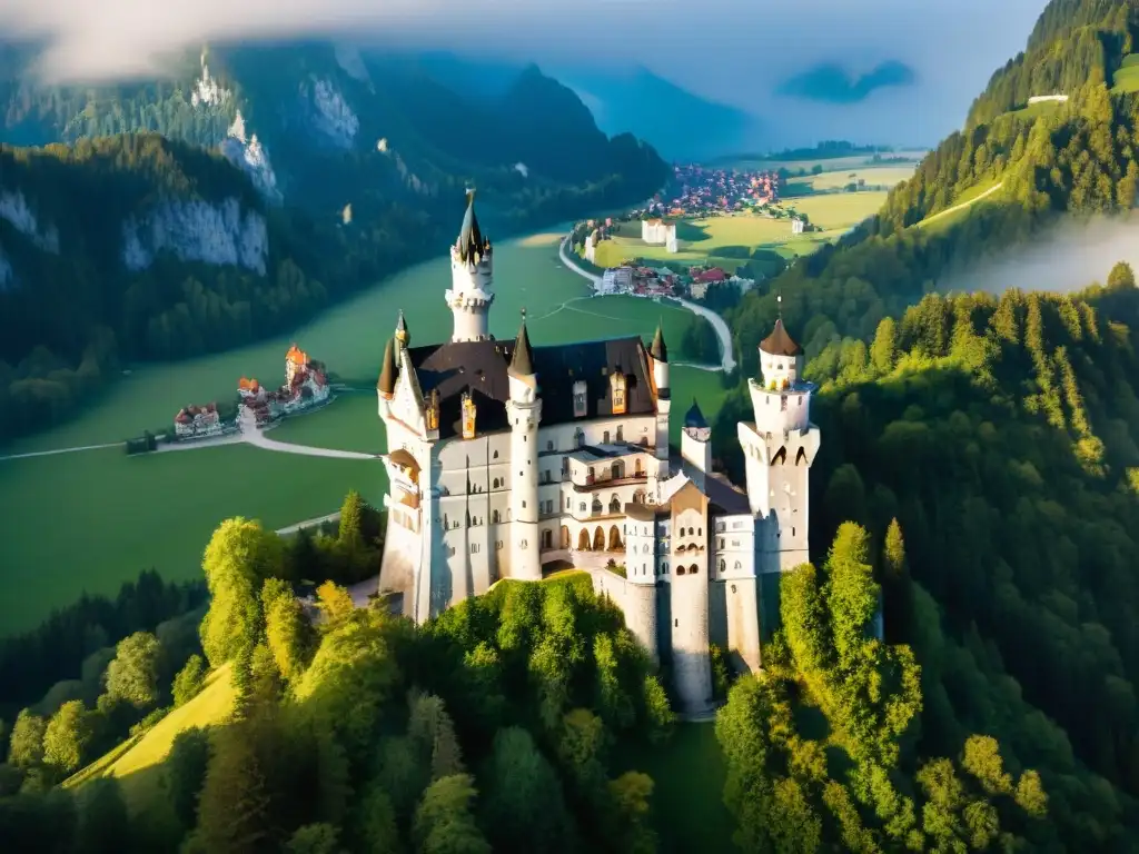 Castillo de ensueño en cima montaña, rodeado de bosque y río, bañado por cálida luz alpina