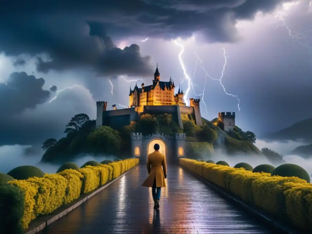 Castillo épico: debate entre humanos y criaturas míticas bajo tormenta Castillo grandioso bajo un cielo tormentoso, con criaturas míticas y humanos en discusión