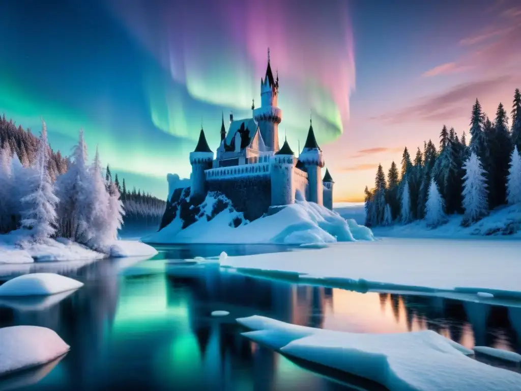 Un castillo de hielo majestuoso iluminado por la luna en un paisaje invernal, rodeado de árboles nevados y auroras boreales, evocando a seres de hielo