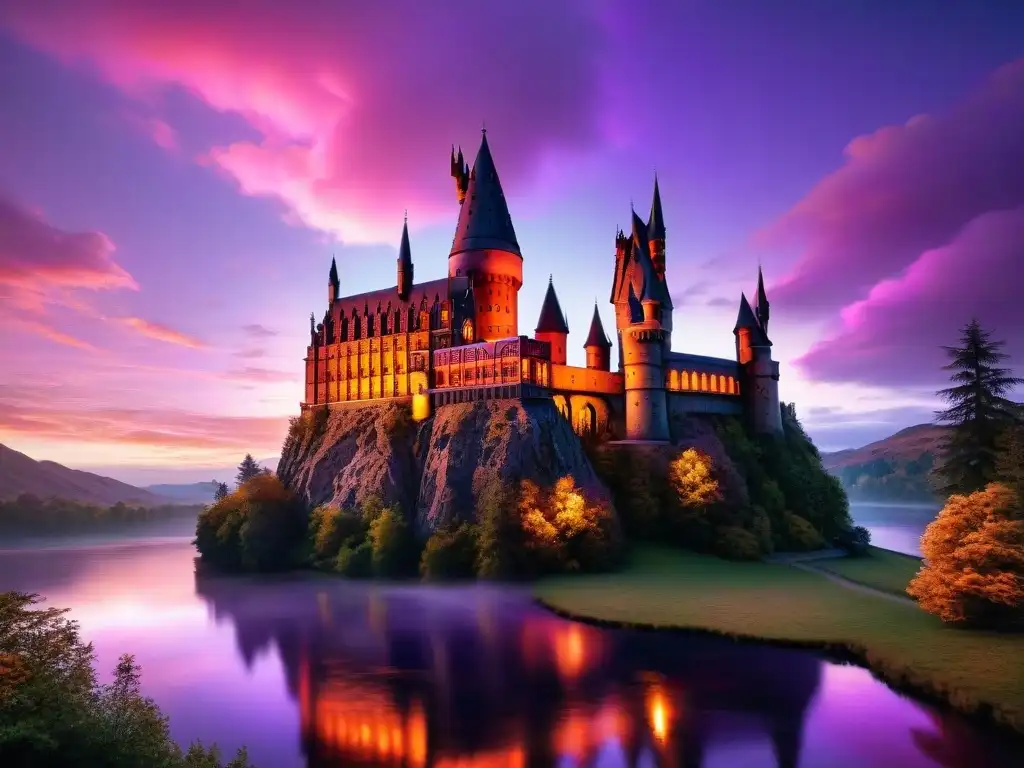 Castillo de Hogwarts iluminado por la cálida luz del atardecer, reflejándose en el Lago Negro con el Bosque Prohibido al fondo